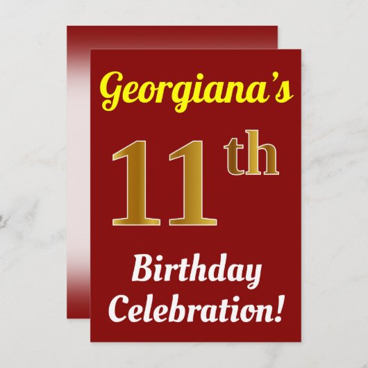 Rood, Faux Gold 11e verjaardag viering + naam Kaart (Voorkant / Achterkant)