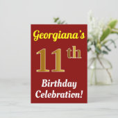 Rood, Faux Gold 11e verjaardag viering + naam Kaart (Staand voorkant)