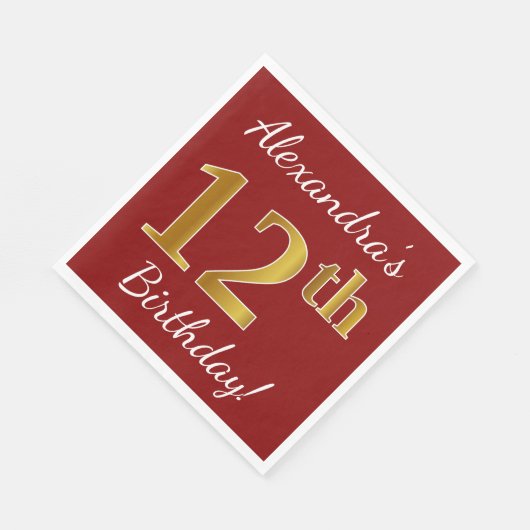 Rood, Faux Gold 12e verjaardag + Aangepaste naam Servetten (Hoek)