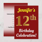 Rood, Faux Gold 12e verjaardag viering + naam Kaart (Voorkant / Achterkant)