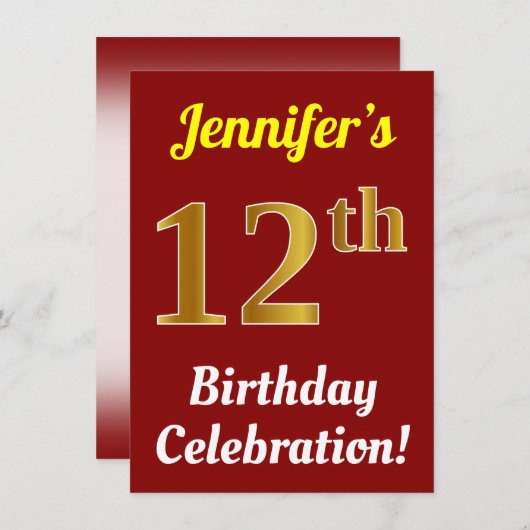 Rood, Faux Gold 12e verjaardag viering + naam Kaart (Voorkant / Achterkant)