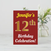 Rood, Faux Gold 12e verjaardag viering + naam Kaart (Staand voorkant)