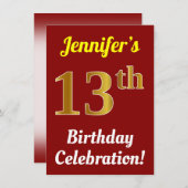 Rood, Faux Gold 13e verjaardag viering + naam Kaart (Voorkant / Achterkant)