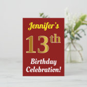 Rood, Faux Gold 13e verjaardag viering + naam Kaart (Staand voorkant)