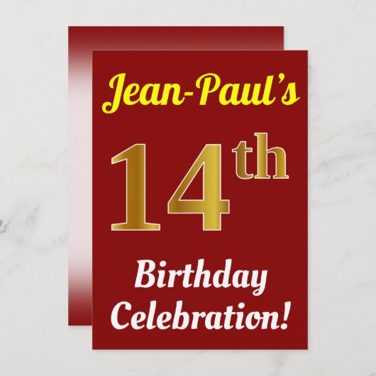 Rood, Faux Gold 14e verjaardag viering + naam Kaart (Voorkant / Achterkant)