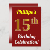 Rood, Faux Gold 15th Birthday Celebration + naam Kaart (Voorkant / Achterkant)