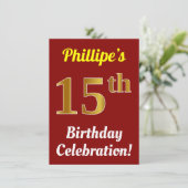 Rood, Faux Gold 15th Birthday Celebration + naam Kaart (Staand voorkant)