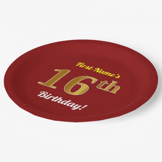 Rood, Faux Gold 16e verjaardag + Aangepaste naam Papieren Bordje (Gekanteld)