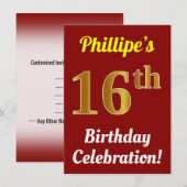 Rood, Faux Gold 16e verjaardag + naam Kaart (Voorkant / Achterkant)
