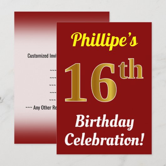 Rood, Faux Gold 16e verjaardag + naam Kaart (Voorkant / Achterkant)