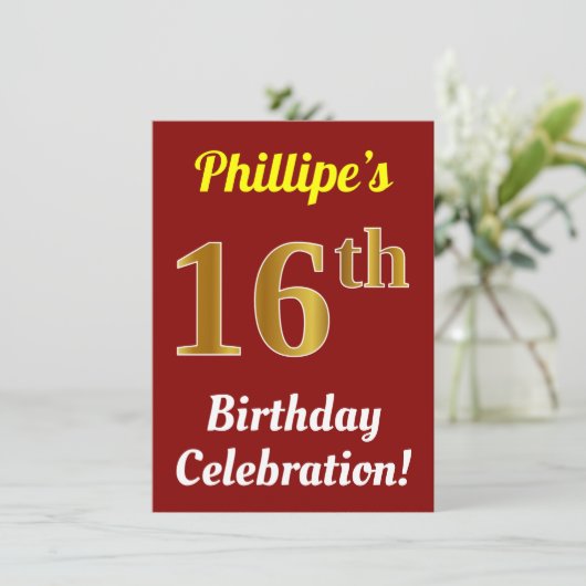 Rood, Faux Gold 16e verjaardag + naam Kaart (Staand voorkant)