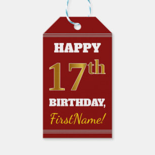 Rood, Faux Gold 17th Birthday + Eigen naam Cadeaulabel