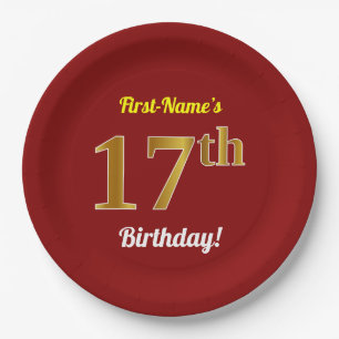 Rood, Faux Gold 17th Birthday + Eigen naam Papieren Bordje