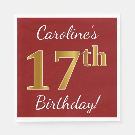 Rood, Faux Gold 17th Birthday + Eigen naam Servet (Voorkant)