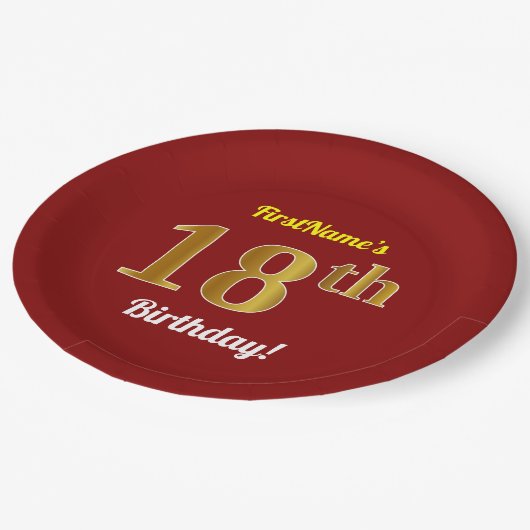 Rood, Faux Gold 18e verjaardag + Aangepaste naam Papieren Bordje (Gekanteld)