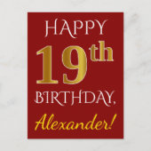 Rood, Faux Gold 19e verjaardag + Eigen naam Briefkaart (Voorkant)