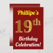 Rood, Faux Gold 19e verjaardag viering + naam Kaart (Voorkant / Achterkant)
