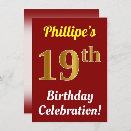 Rood, Faux Gold 19e verjaardag viering + naam Kaart (Voorkant / Achterkant)