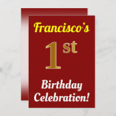 Rood, Faux Gold 1st Birthday Celebration + naam Kaart (Voorkant / Achterkant)