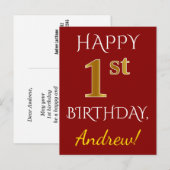 Rood, Faux Gold 1st Birthday + Eigen naam Briefkaa Briefkaart (Voorkant / Achterkant)