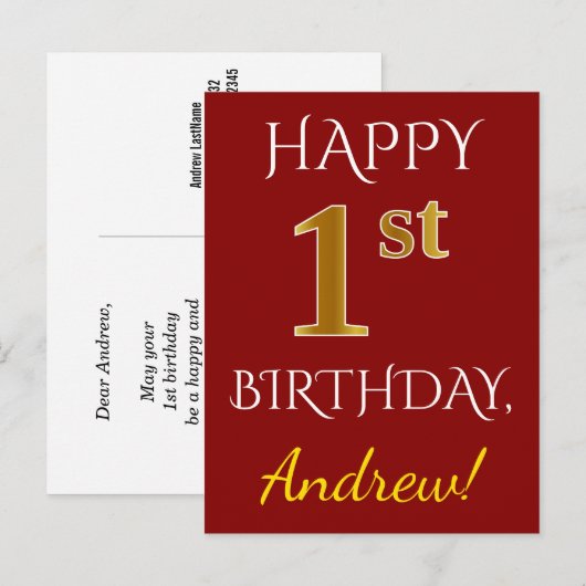 Rood, Faux Gold 1st Birthday + Eigen naam Briefkaa Briefkaart (Voorkant / Achterkant)