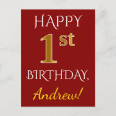 Rood, Faux Gold 1st Birthday + Eigen naam Briefkaa Briefkaart (Voorkant)