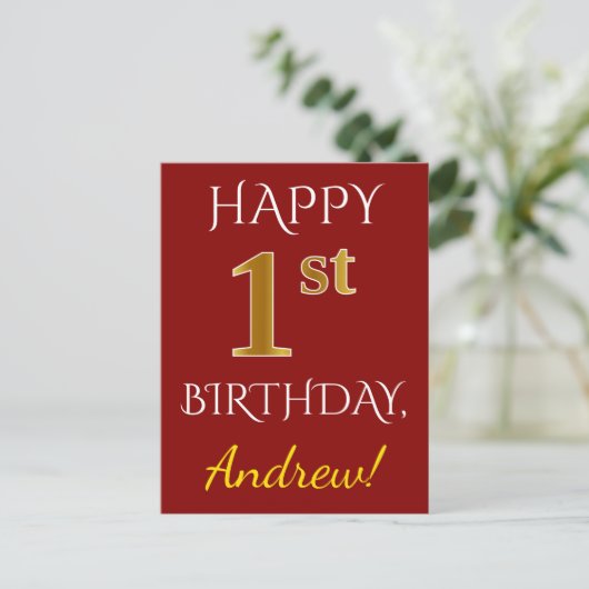 Rood, Faux Gold 1st Birthday + Eigen naam Briefkaa Briefkaart (Staand voorkant)