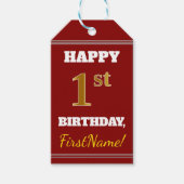 Rood, Faux Gold 1st Birthday + Eigen naam Cadeaulabel (Voorkant)