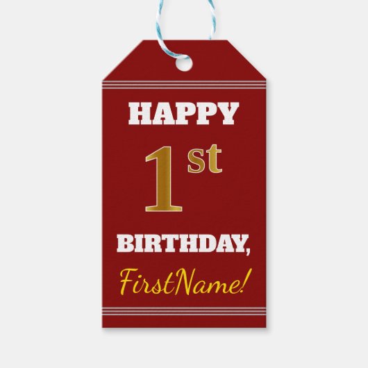 Rood, Faux Gold 1st Birthday + Eigen naam Cadeaulabel (Voorkant)