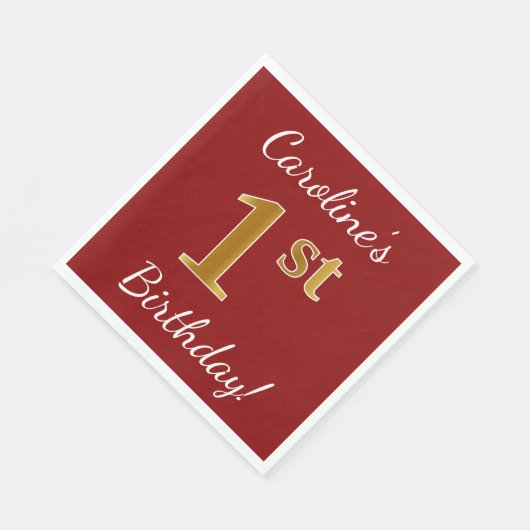 Rood, Faux Gold 1st Birthday + Eigen naam Servetten (Hoek)