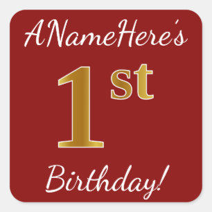 Rood, Faux Gold 1st Birthday + Eigen naam Sticker