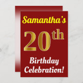 Rood, Faux Gold 20ste verjaardag viering + naam Kaart (Voorkant / Achterkant)
