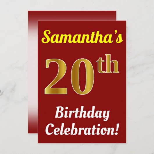 Rood, Faux Gold 20ste verjaardag viering + naam Kaart (Voorkant / Achterkant)