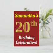 Rood, Faux Gold 20ste verjaardag viering + naam Kaart (Staand voorkant)