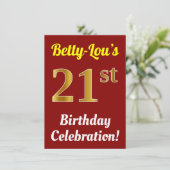 Rood, Faux Gold 21ste verjaardag viering + naam Kaart (Staand voorkant)