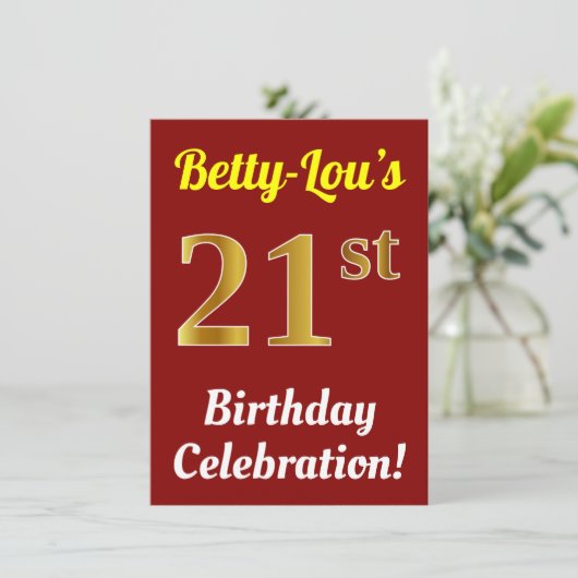 Rood, Faux Gold 21ste verjaardag viering + naam Kaart (Staand voorkant)