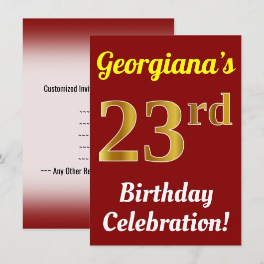 Rood, Faux Gold 23e verjaardag viering + Naam Kaart (Voorkant / Achterkant)