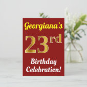 Rood, Faux Gold 23e verjaardag viering + Naam Kaart (Staand voorkant)