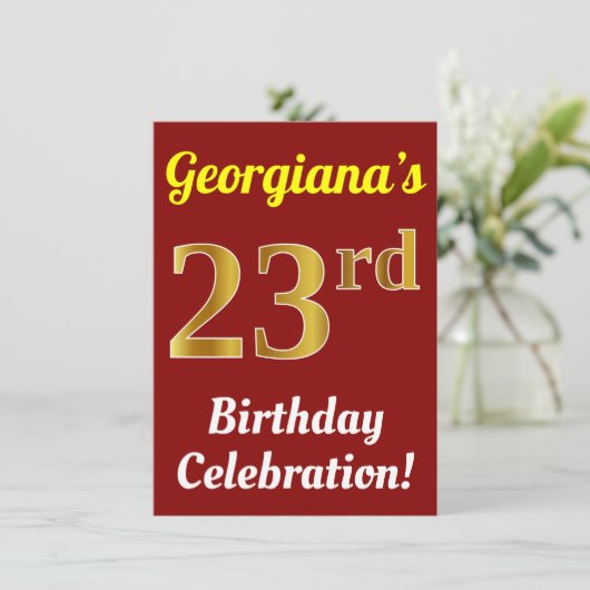 Rood, Faux Gold 23e verjaardag viering + Naam Kaart (Staand voorkant)