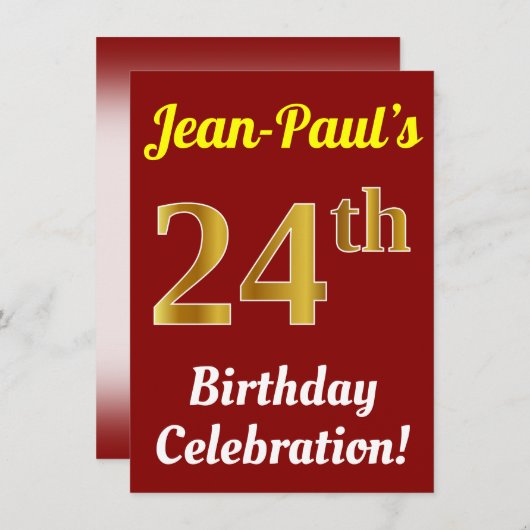 Rood, Faux Gold 24e verjaardag viering + naam Kaart (Voorkant / Achterkant)