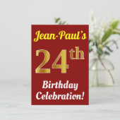 Rood, Faux Gold 24e verjaardag viering + naam Kaart (Staand voorkant)