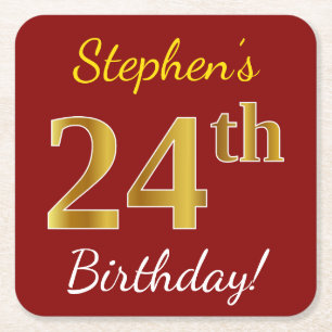 Rood, Faux Gold 24th Birthday + Eigen naam Kartonnen Onderzetters