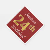 Rood, Faux Gold 24th Birthday + Eigen naam Servet (Hoek)