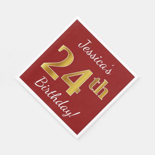 Rood, Faux Gold 24th Birthday + Eigen naam Servet (Hoek)