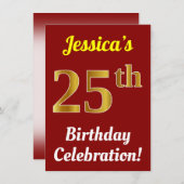 Rood, Faux Gold 25th Birthday Celebration + naam Kaart (Voorkant / Achterkant)
