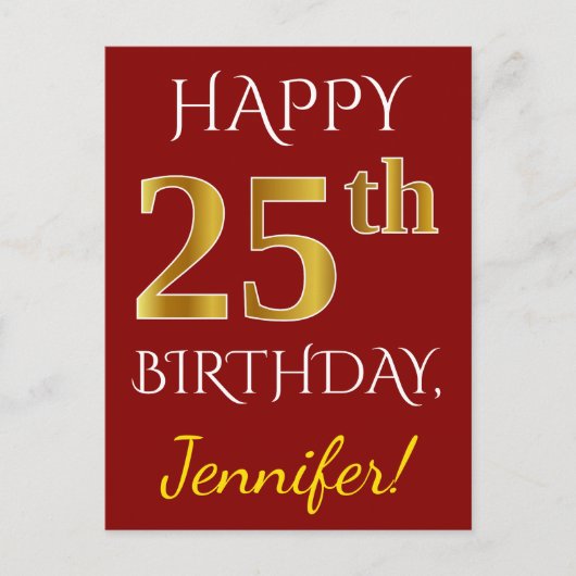Rood, Faux Gold 25th Birthday + Eigen naam Briefkaart (Voorkant)