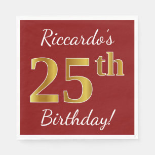 Rood, Faux Gold 25th Birthday + Eigen naam Servetten