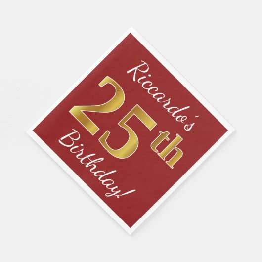 Rood, Faux Gold 25th Birthday + Eigen naam Servetten (Hoek)