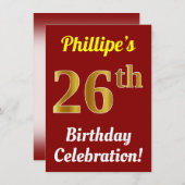 Rood, Faux Gold 26e verjaardag + Naam Kaart (Voorkant / Achterkant)