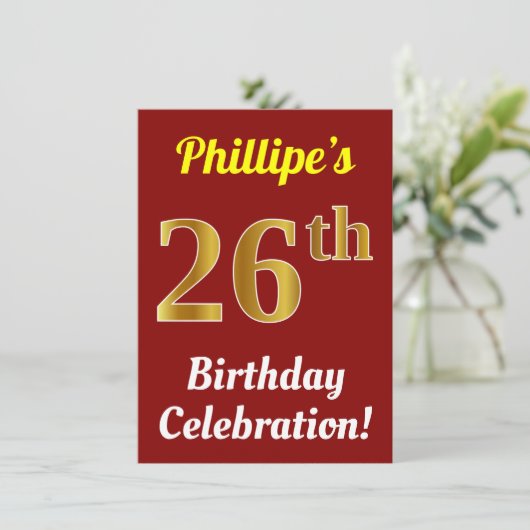 Rood, Faux Gold 26e verjaardag + Naam Kaart (Staand voorkant)